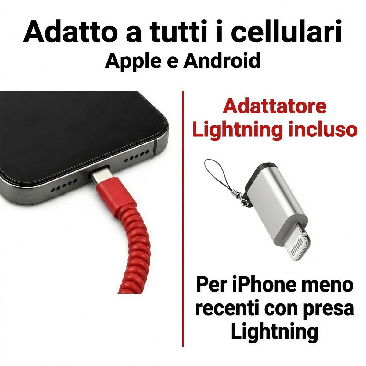Adatto a tutti i cellulari, Apple e Android: cavo USB-C e adattatore Lightning incluso
