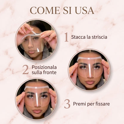 Come si usa lo scudo doccia per ciglia e sopracciglia in tre passaggi: stacca la striscia, posizionalo sulla fronte, premi per fissare